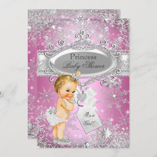 Invitation Pink Princess Winter Wonderland Baby shower Blonde (Devant / Derrière)