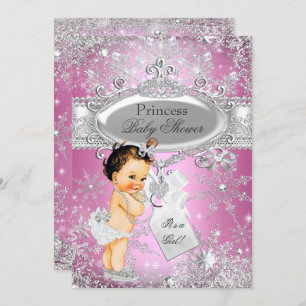 Invitation Pink Princess Winter Wonderland Baby shower Brown