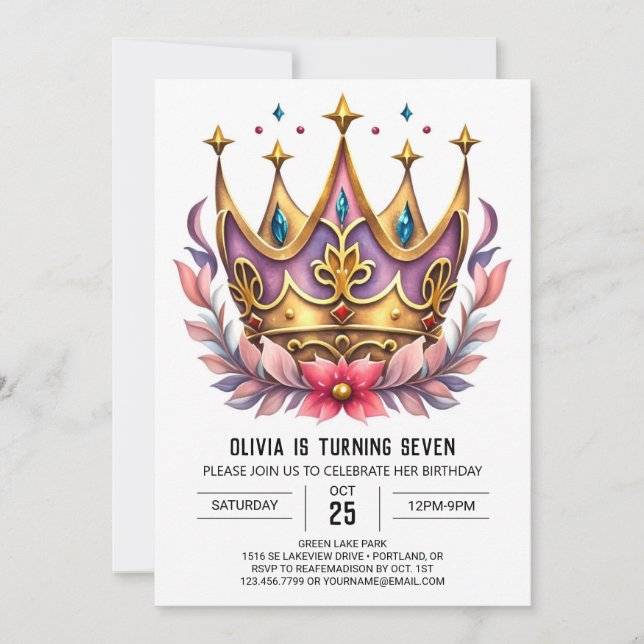 Invitation Pink Printable Princess Crown Anniversaire (Devant)
