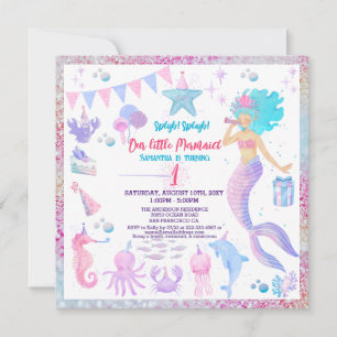 Invitation Pink Purple 1ère fille lunaire Sirène Anniversaire
