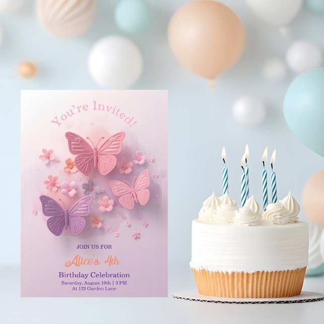 Invitation Pink Purple 3D Butterfly Girl Birthday (Créateur téléchargé)