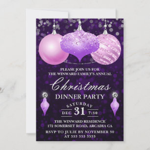 Invitation Pink & Purple Baubles Soirée de Noël