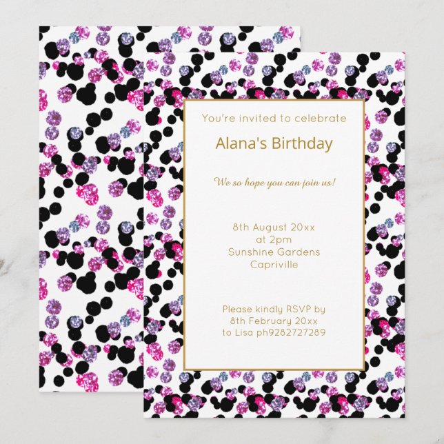 INVITATION PINK PURPLE BLACK LEOPARD SPOT ANNIVERSAIRE (Devant / Derrière)