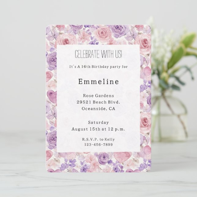 Invitation Pink Purple Blush Flowers Hearts Birthday (Debout devant)