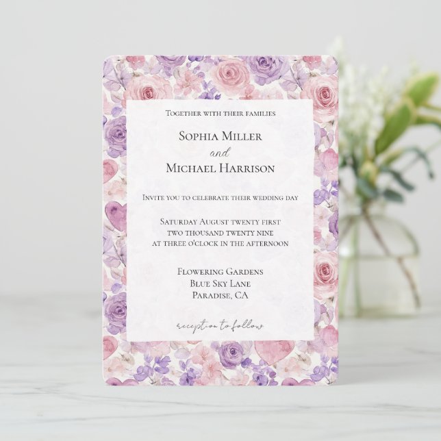 Invitation Pink Purple Blush Flowers Hearts Wedding (Debout devant)