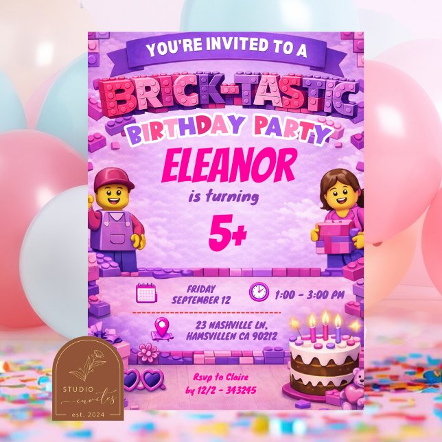 Invitation Pink Purple Bricks Colorful Girl Birthday Party In (Créateur téléchargé)