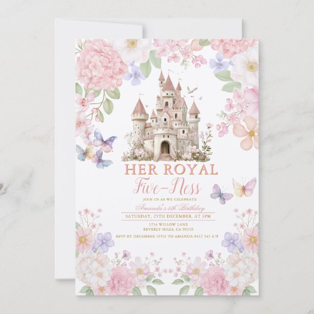Invitation Pink Purple Butterflies Royal five-ness Birthday  (Devant)