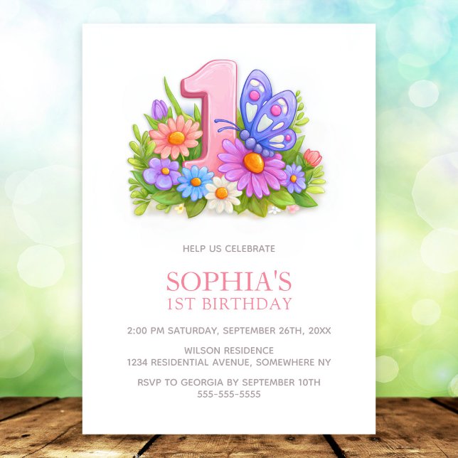 Invitation Pink Purple Butterfly Floral 1st Birthday Party (Créateur téléchargé)