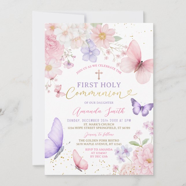 Invitation Pink Purple Butterfly Girl First Holy Communion (Devant)