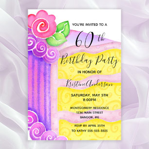 Invitation Pink Purple Cake Floral 60e fête d'anniversaire