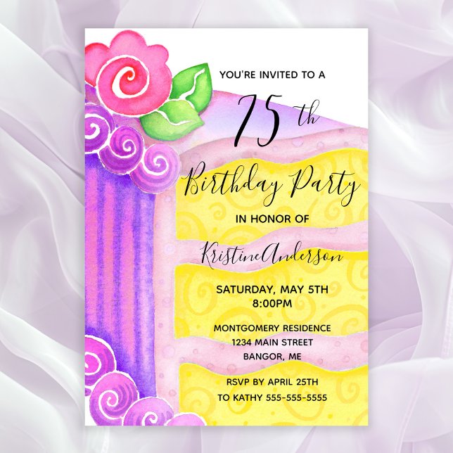 Invitation Pink Purple Cake Floral 75e fête d'anniversaire (75th Birthday Party Invitation with a piece of cake with pink frosting and roses)