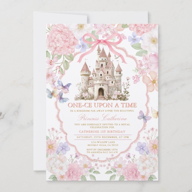 Invitation Pink Purple castle Butterflies Royal 1st Birthday  (Devant)