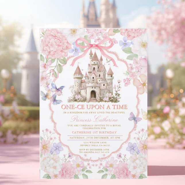 Invitation Pink Purple castle Butterflies Royal 1st Birthday  (Créateur téléchargé)