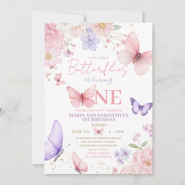Invitation Pink Purple Cute Butterfly Twin Girl 1st Birthday (Devant)