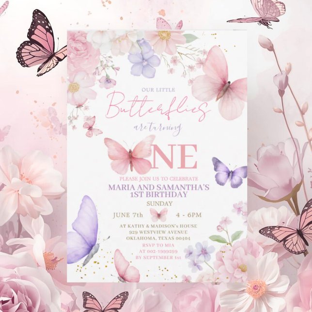 Invitation Pink Purple Cute Butterfly Twin Girl 1st Birthday (Créateur téléchargé)