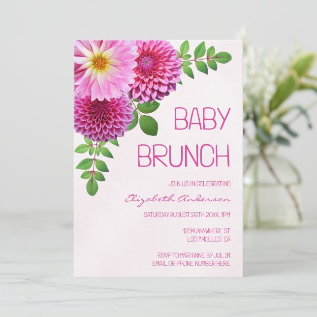 Invitation Pink Purple Dahlia Girl Baby Brunch (Debout devant)