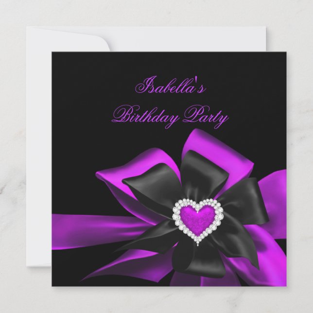 Invitation Pink Purple Diamond Heart Black Bow Anniversaire (Devant)