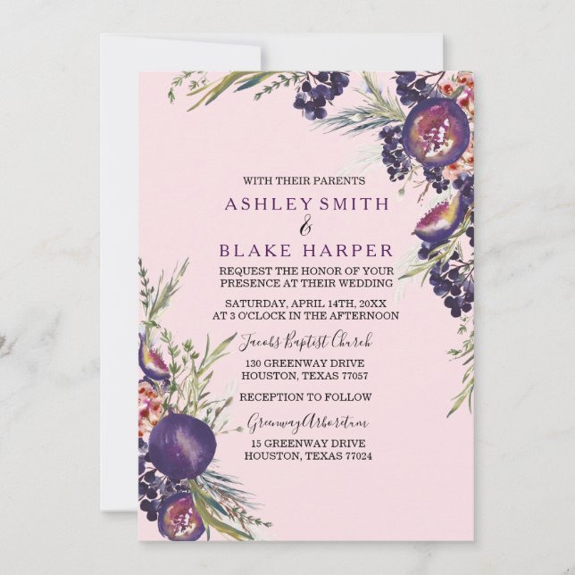 Invitation Pink Purple Fig Aquarelle Floral Mariage Inviter (Devant)