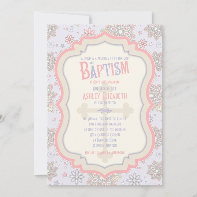 Invitation Pink Purple Floral Cross Baptism (Devant)