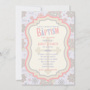 Invitation Pink Purple Floral Cross Baptism