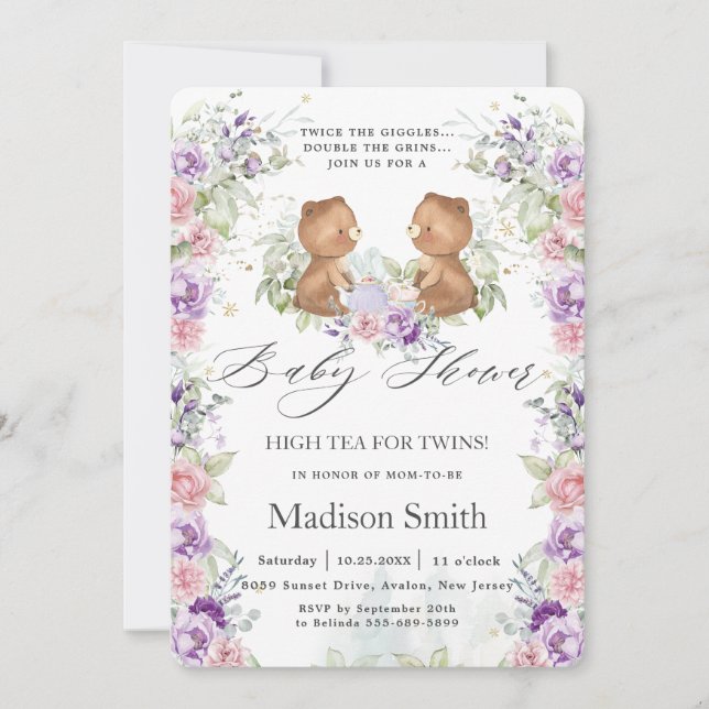 Invitation Pink Purple Floral Ours Tea Twins Baby shower (Devant)