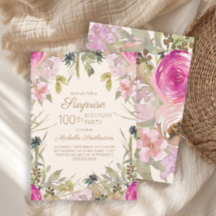 Invitation Pink Purple Floral Surprise 100e anniversaire