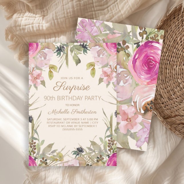 Invitation Pink Purple Floral Surprise 90e Anniversaire Invit (Elegant pink watercolor floral Surprise 90th birthday party invitation)