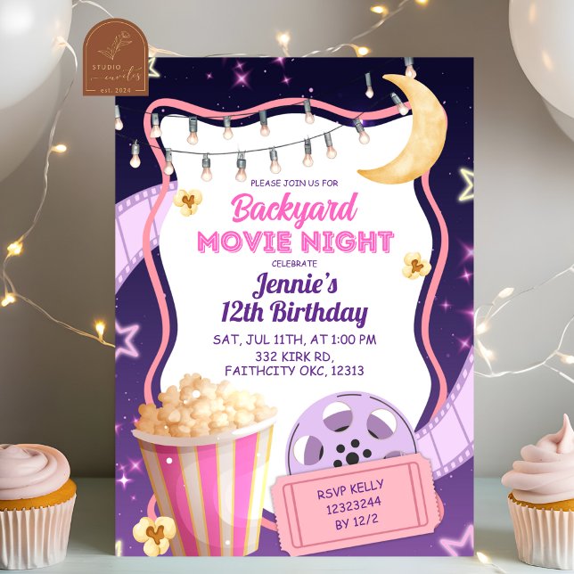 Invitation Pink Purple Girl Backyard Movie Night Birthday (Créateur téléchargé)