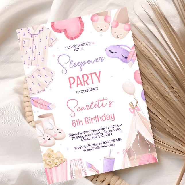 Invitation Pink Purple Girls Sleepover Fête Anniversaire (Purple Pink Sleepover Party Birthday Invitation For Girl Teepee Sleepover Themed Birthday Pajamas)