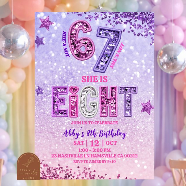 Invitation Pink Purple Glitter 67 Girl 8th Birthday PartY (Créateur téléchargé)