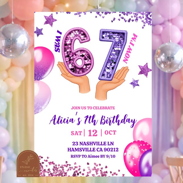 Invitation Pink Purple Glitter hand 67 Birthday Party (Créateur téléchargé)
