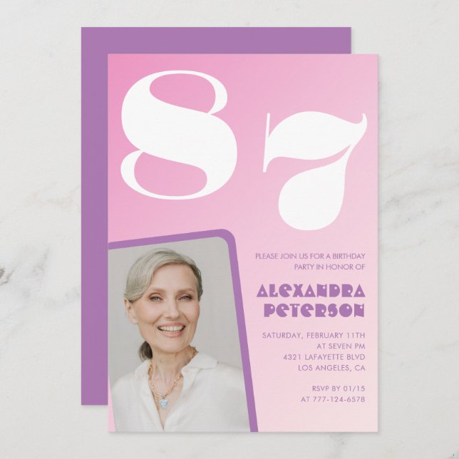 Invitation Pink Purple Gradient Photo 87e anniversaire (Devant / Derrière)