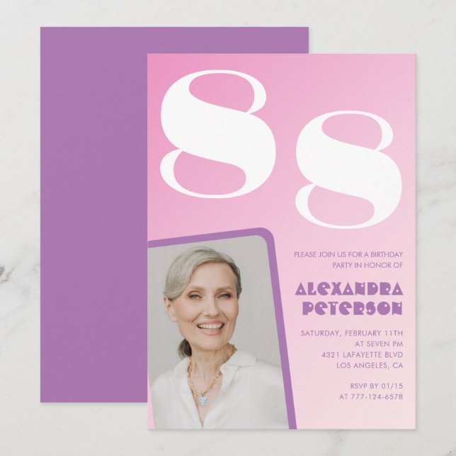Invitation Pink Purple Gradient Photo 88e anniversaire (Devant / Derrière)