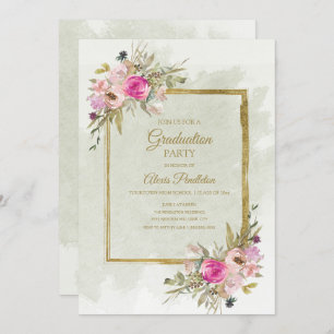 Invitation Pink Purple Green Feuille Gold Graduation Party