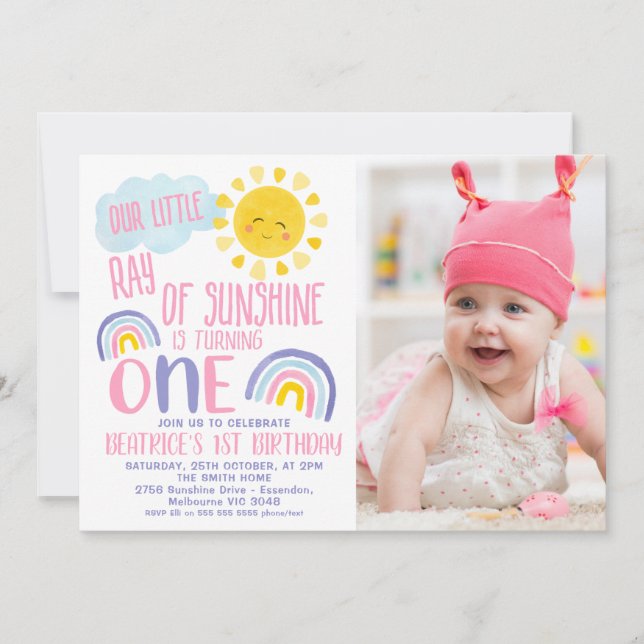 Invitation Pink Purple Little Ray Of Sunshine 1er Anniversair (Devant)