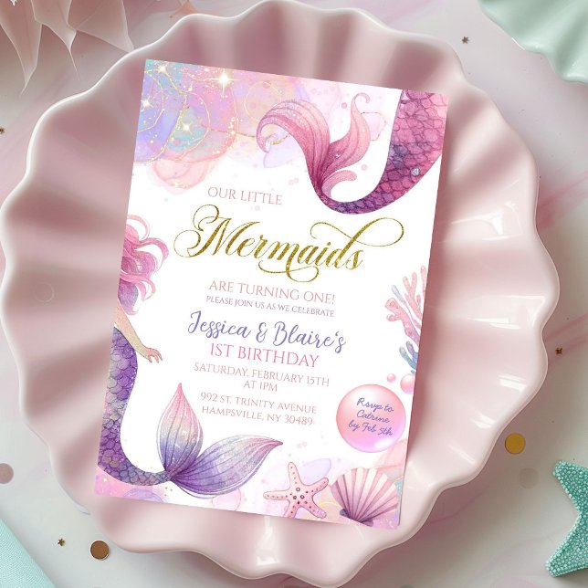 Invitation Pink Purple Little Two Mermaids Twins Anniversaire (Créateur téléchargé)