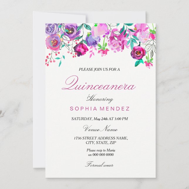 Invitation Pink Purple Mint Aquarelle Fleurs Quinceanera (Devant)