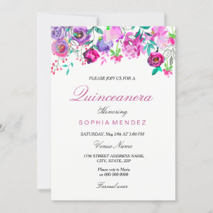 Invitation Pink Purple Mint Aquarelle Fleurs Quinceanera