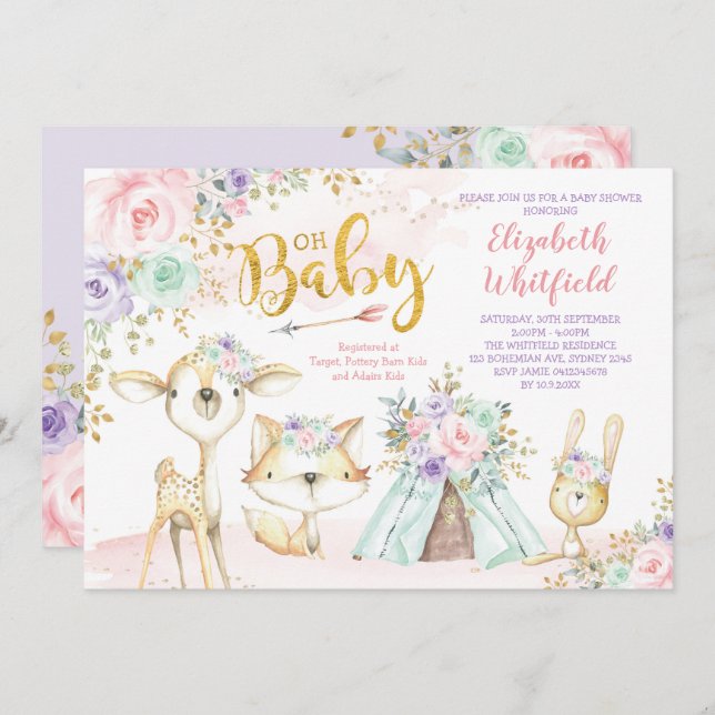 Invitation Pink Purple Mint Baby shower forestier tribal de l (Devant / Derrière)