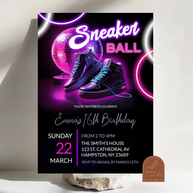 Invitation Pink Purple Neon Discoball Sneakerball Anniversair (Créateur téléchargé)