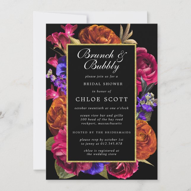 Invitation Pink Purple Orange Floral Brunch et Bubbly (Devant)