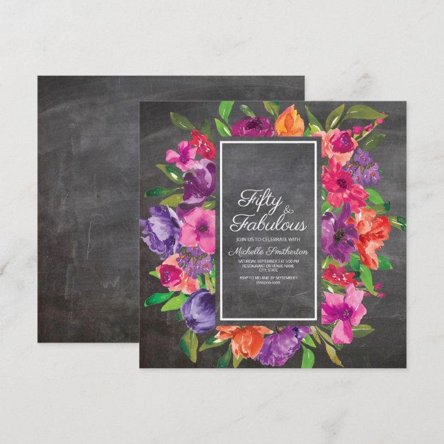 Invitation Pink Purple Orange Floral Chalkboard 50e anniversa (Devant / Derrière)