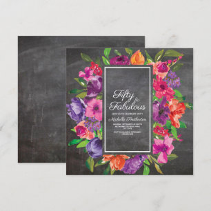 Invitation Pink Purple Orange Floral Chalkboard 50e anniversa