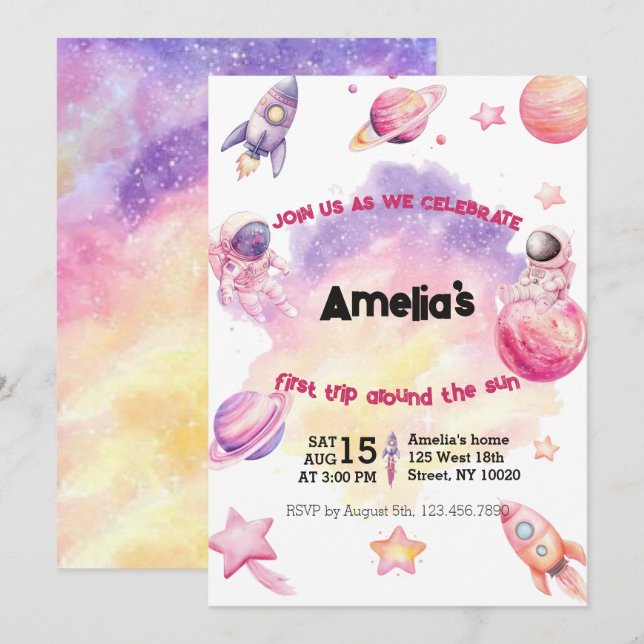 Invitation Pink Purple Planet Space First Trip Around the Sun (Devant / Derrière)