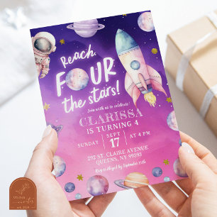 Invitation Pink Purple Planet Space Girl 4e anniversaire