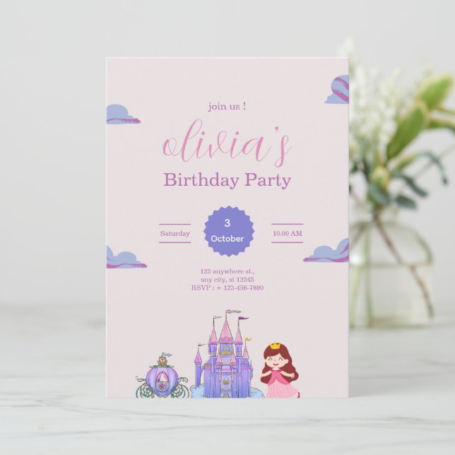 Invitation Pink & Purple Princess Birthday Party for girls (Debout devant)