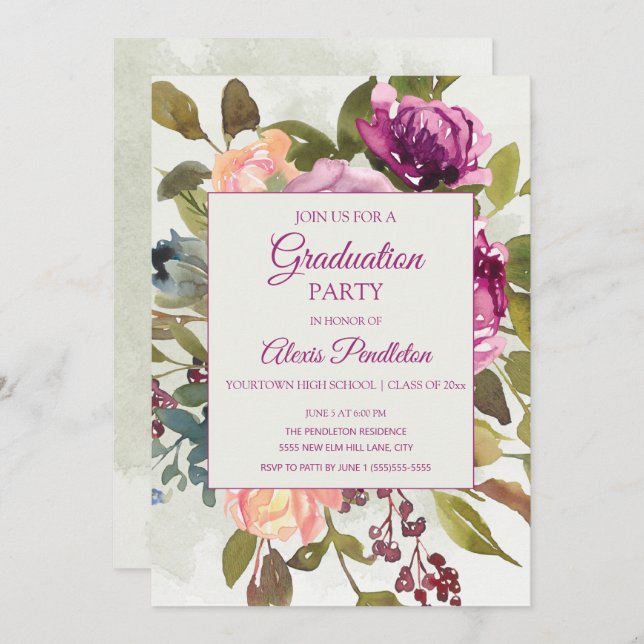 Invitation Pink Purple Sage Green Graduation Party (Devant / Derrière)