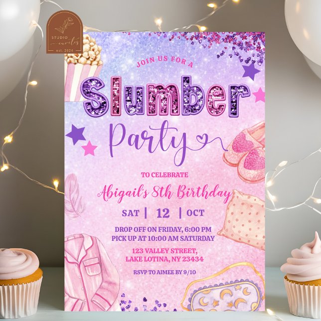 Invitation Pink Purple Sequin Slumber Party Birthday (Créateur téléchargé)