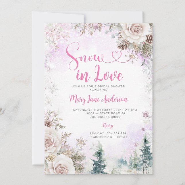 Invitation Pink Purple Snowflake Snow in Love Bridal Shower (Devant)