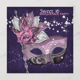 Invitation Pink Purple Sweet 16 Masquerade Party